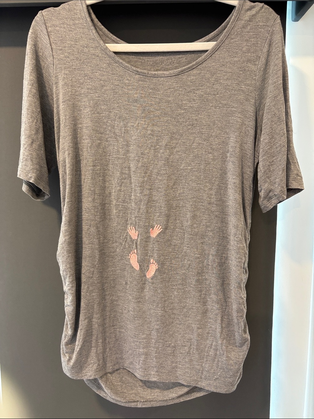 Maternity Gray Short-Sleeve Scoop Neck Top with Pink Baby Embroidery